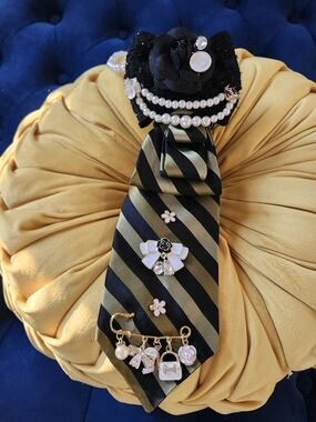 Black and Olive Striped Decorative Necktie Brooch Set